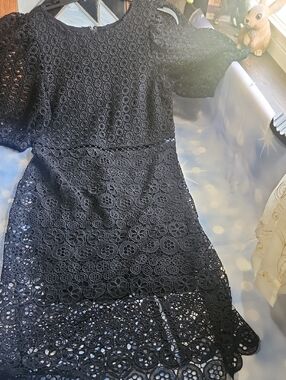Black Crochet Lace Puff-Sleeve Dress, Lined With Peek-a-boo Strip Around Waist